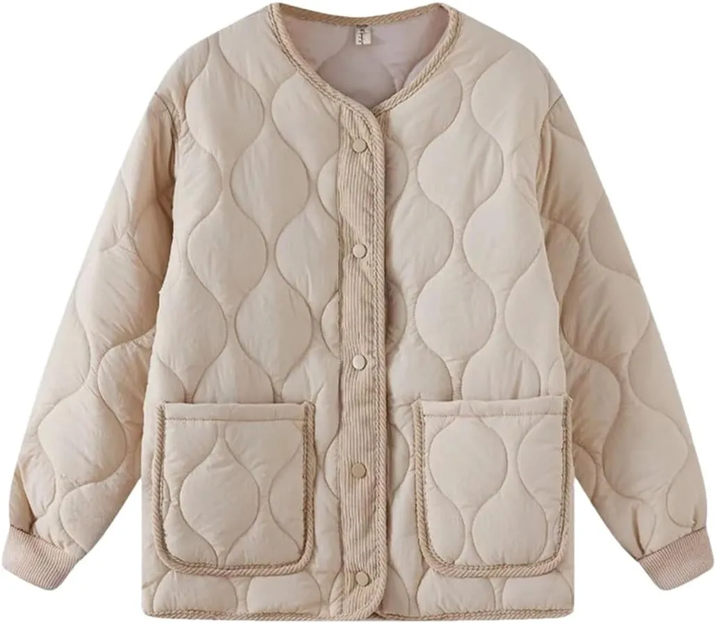 Women Quilted Jacket Parkas Cotton Padded Coat Spliced Collision Loose Overcoat V-Neck Winter Coat Outerwears
