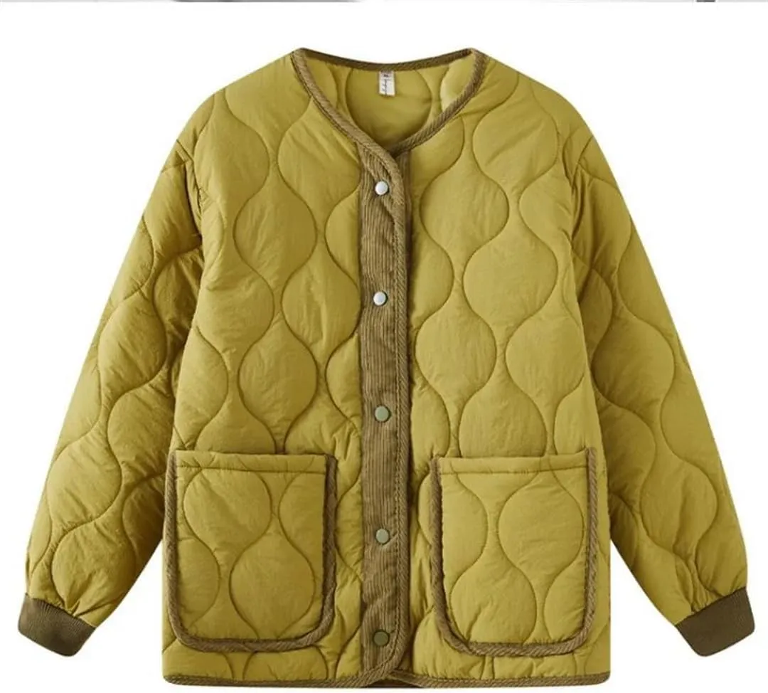 Women Quilted Jacket Parkas Cotton Padded Coat Spliced Collision Loose Overcoat V-Neck Winter Coat Outerwears