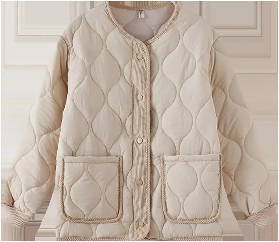Women Quilted Jacket Parkas Cotton Padded Coat Spliced Collision Loose Overcoat V-Neck Winter Coat Outerwears
