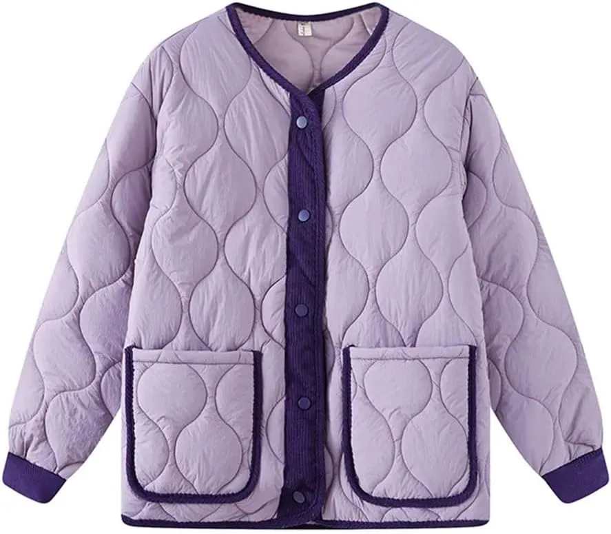 Women Quilted Jacket Parkas Cotton Padded Coat Spliced Collision Loose Overcoat V-Neck Winter Coat Outerwears