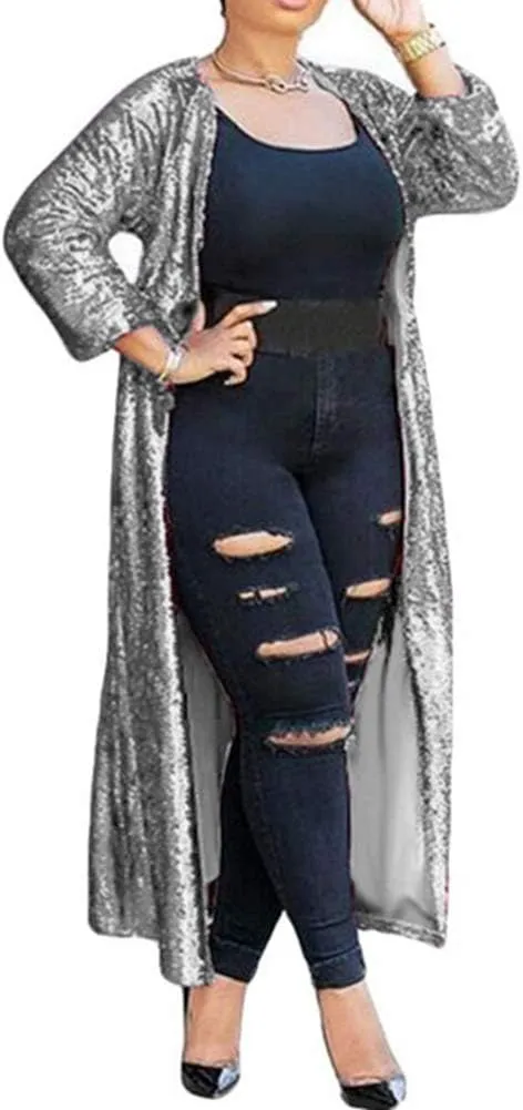 Women Sequin Cardigans Long Sequin Blazer Jackets for Evening