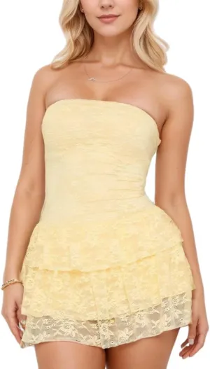 Women Sexy Ruffle Lace Tiered Strapless Mini Dress Y2k Solid Sleeveless Backless Layered A-line Short Tube Dress