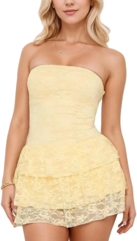 Women Sexy Ruffle Lace Tiered Strapless Mini Dress Y2k Solid Sleeveless Backless Layered A-line Short Tube Dress