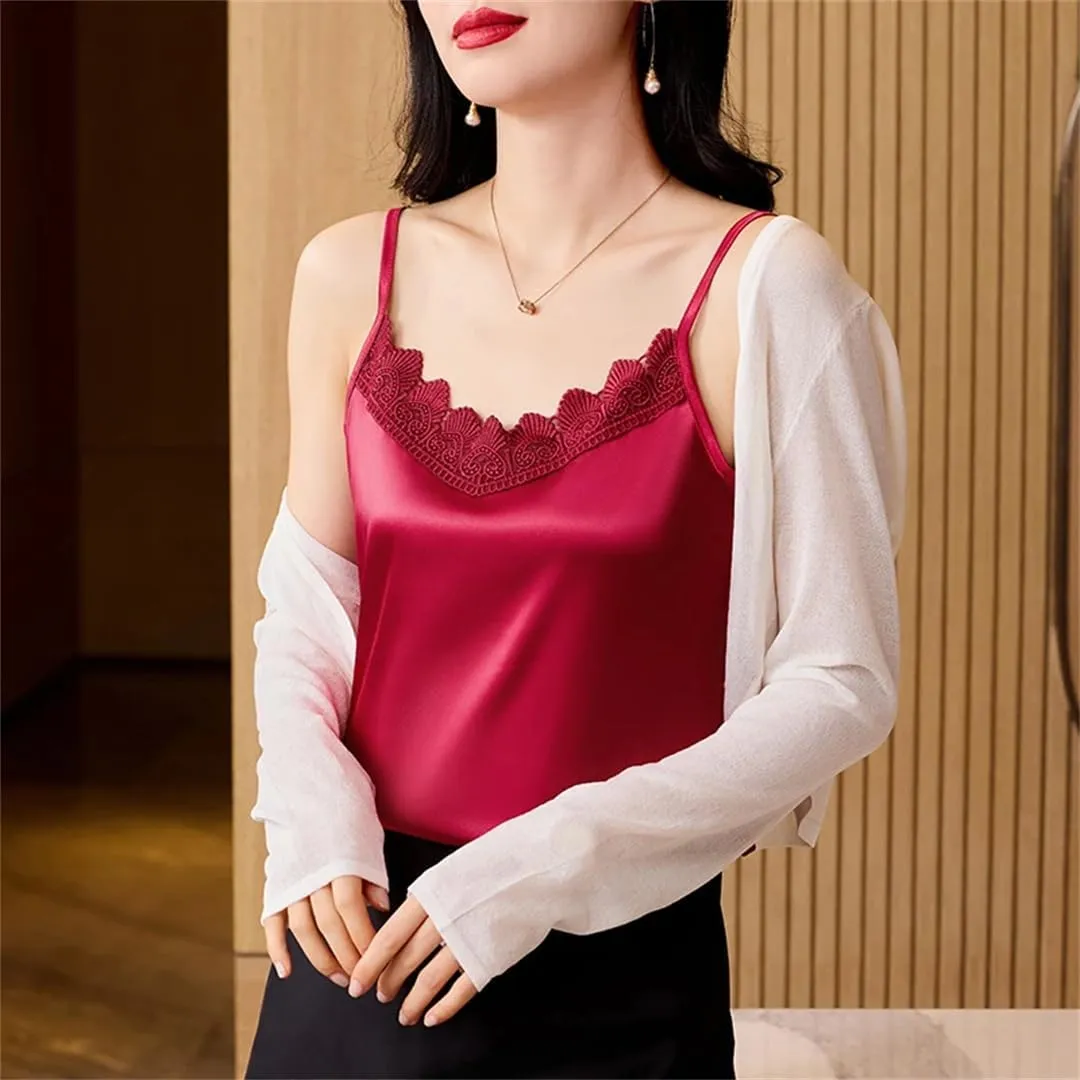 Women Sexy Silk Satin Tank Tops Korean Fashion Camisole Spring Summer V-Neck Patchwork Vest Shirt