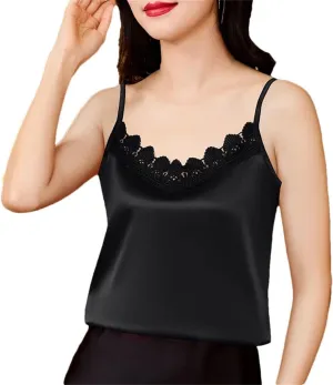 Women Sexy Silk Satin Tank Tops Korean Fashion Camisole Spring Summer V-Neck Patchwork Vest Shirt