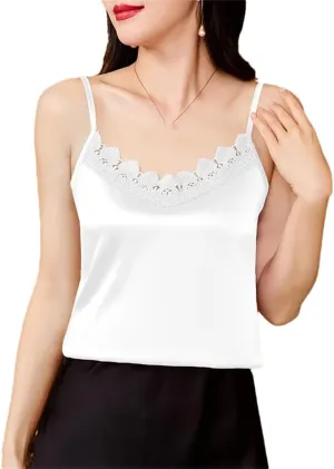 Women Sexy Silk Satin Tank Tops Korean Fashion Camisole Spring Summer V-Neck Patchwork Vest Shirt