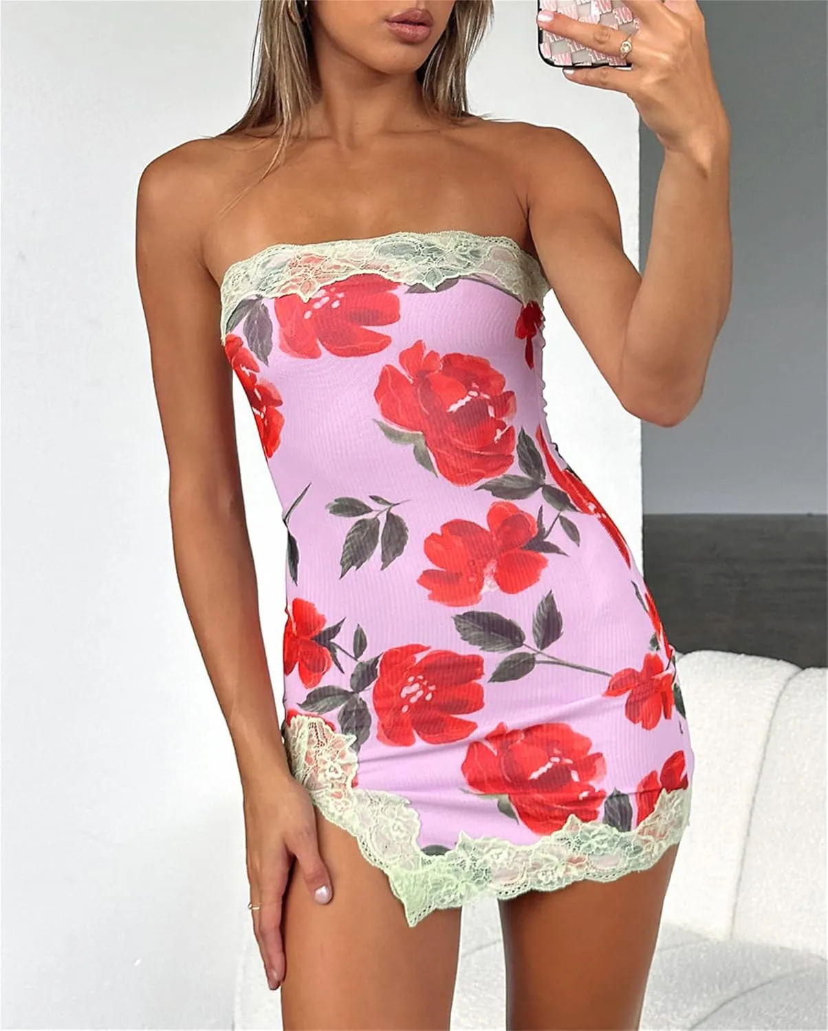 Women Sexy Strapless Bodycon Mini Dress Y2K Lace Trim Off Shoulder Tube Dress Bodycon Hollow Out Backless Party Dress