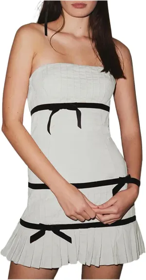Women Sexy Strapless Bodycon Mini Dress Y2K Lace Trim Off Shoulder Tube Dress Bodycon Hollow Out Backless Party Dress