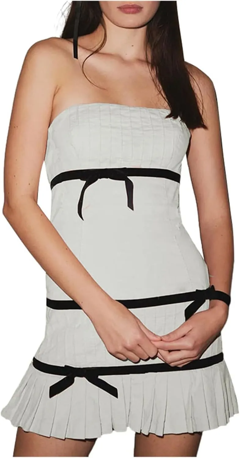 Women Sexy Strapless Bodycon Mini Dress Y2K Lace Trim Off Shoulder Tube Dress Bodycon Hollow Out Backless Party Dress