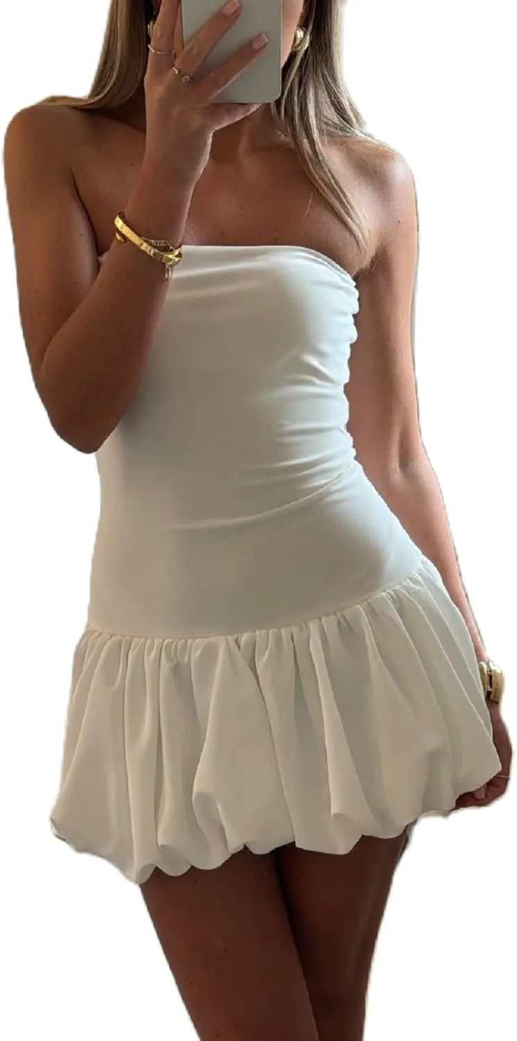 Women Sexy Strapless Mini Dress Sleeveless A Line Bubble Short Dress Ruffle Hem Y2k Party Club Dresses