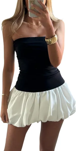 Women Sexy Strapless Mini Dress Sleeveless A Line Bubble Short Dress Ruffle Hem Y2k Party Club Dresses
