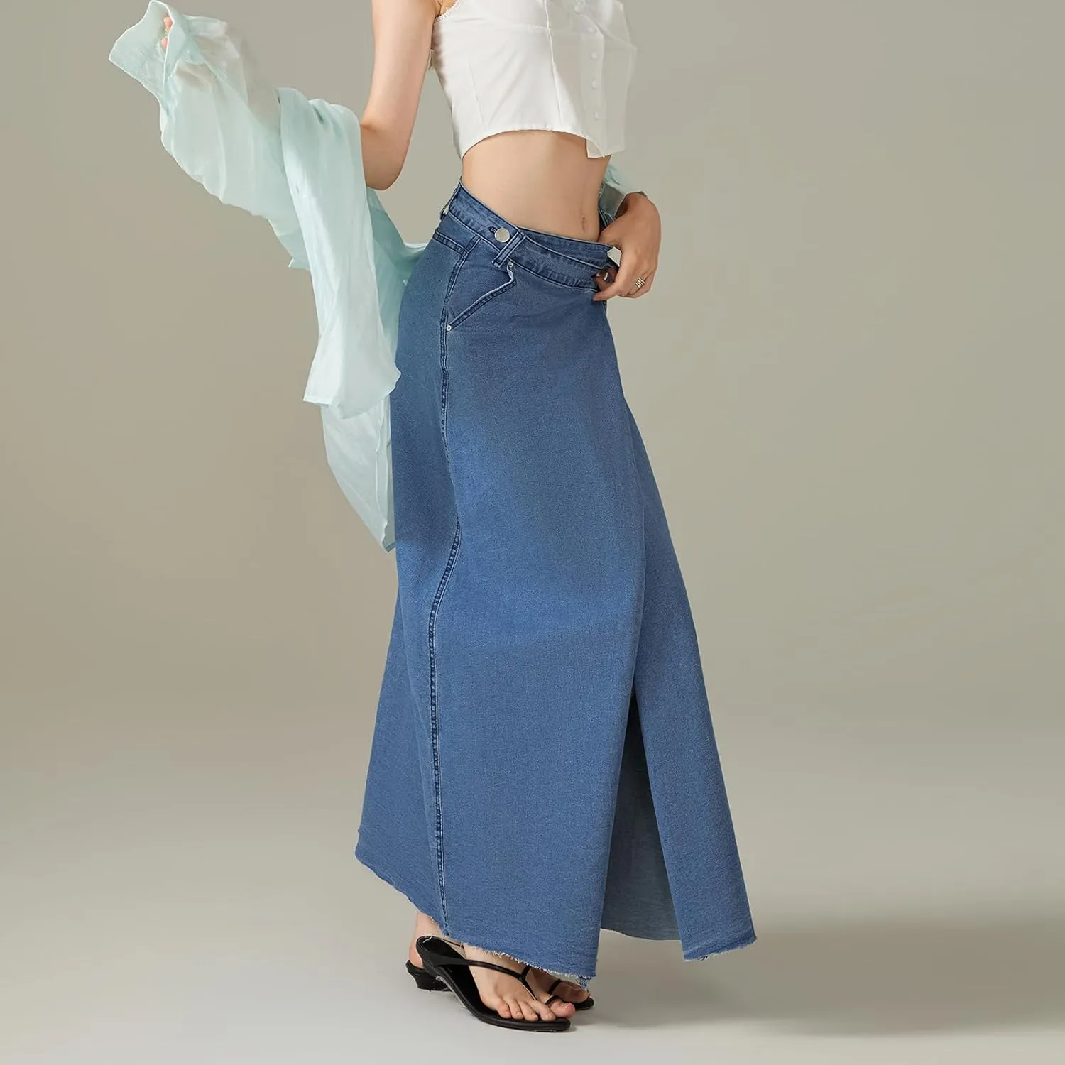 Women Slit Denim Maxi Skirt High Waist Split A-Line Pencil Long Jean Skirt Slim Fit Vintage Cargo Y2k Jean Skirt