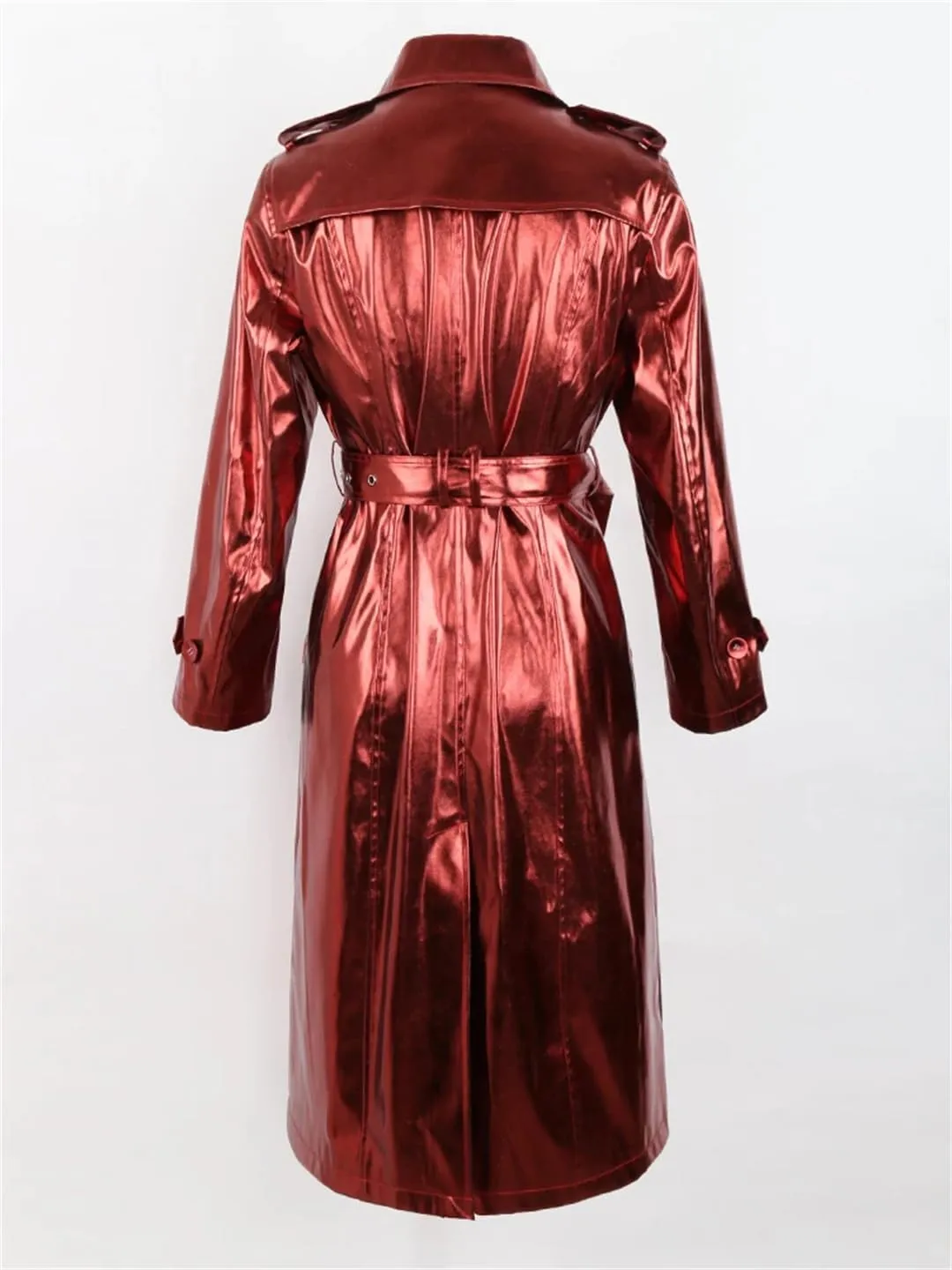 Women Spring Long Shiny Reflective Patent Leather Trench Coat Sashes Double Breasted Slim Fit Leather Jacket