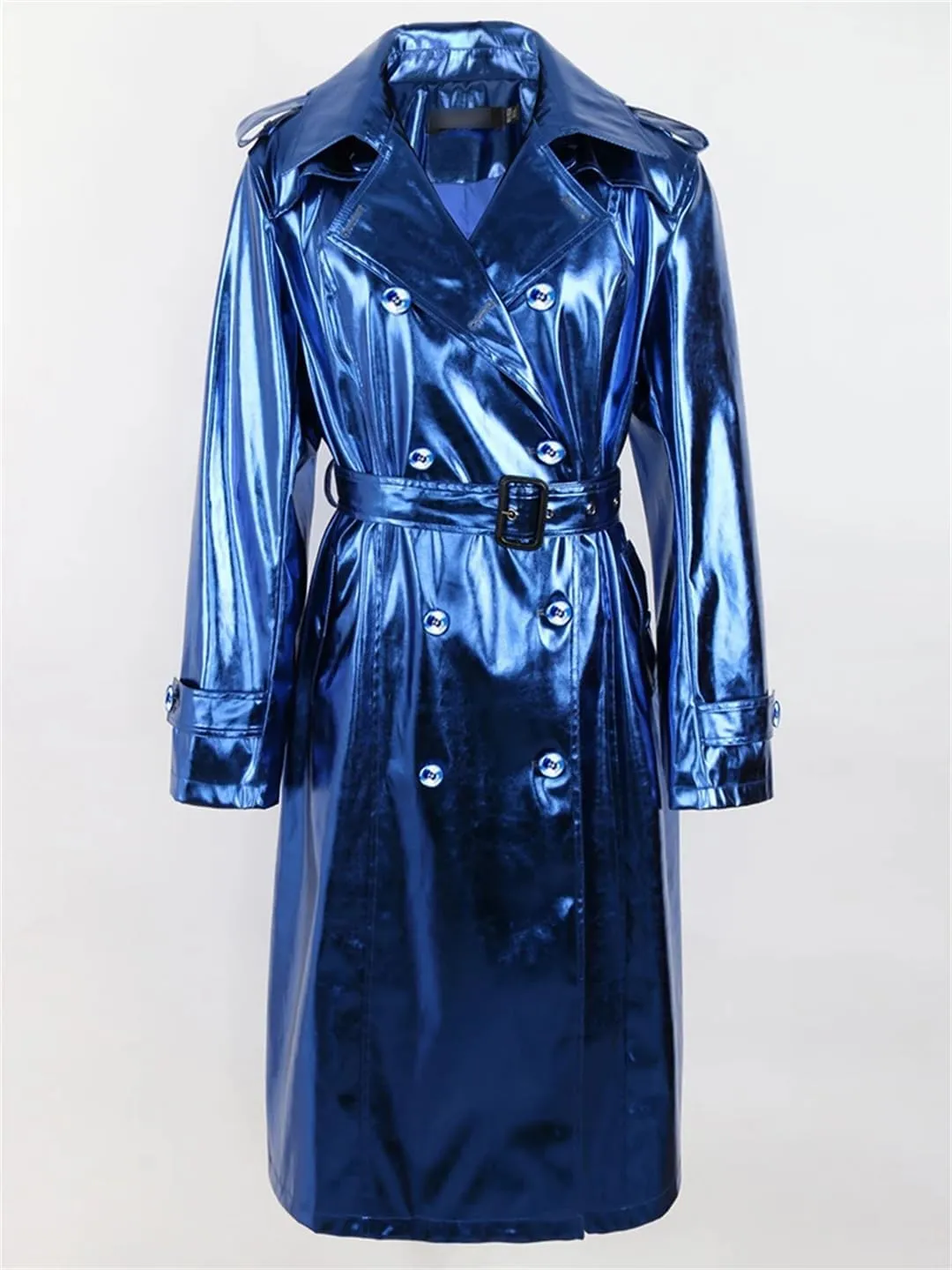Women Spring Long Shiny Reflective Patent Leather Trench Coat Sashes Double Breasted Slim Fit Leather Jacket