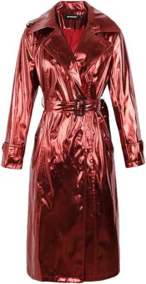 Women Spring Long Shiny Reflective Patent Leather Trench Coat Sashes Double Breasted Slim Fit Leather Jacket