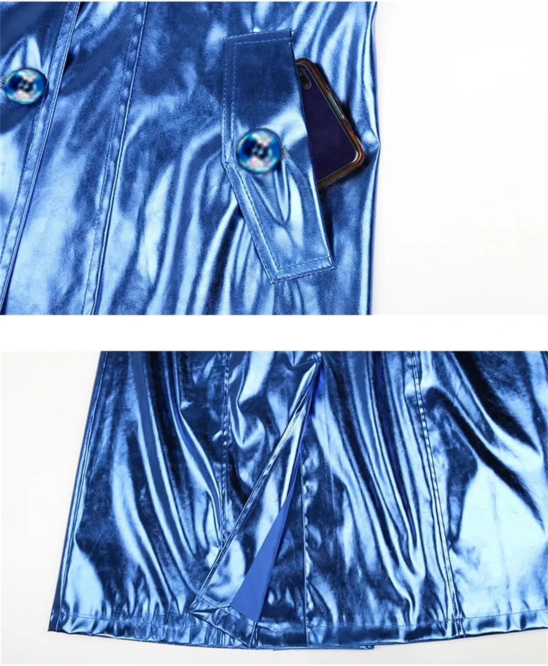 Women Spring Long Shiny Reflective Patent Leather Trench Coat Sashes Double Breasted Slim Fit Leather Jacket