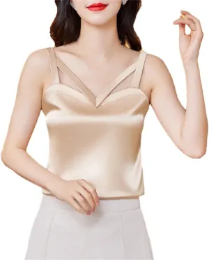 Women Spring Summer Camisole Hollow Out Tank Tops Sexy Sleeveless Casual Silk Satin Camis Shirt
