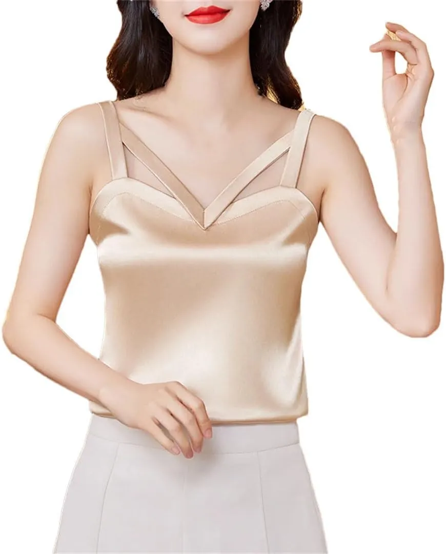 Women Spring Summer Camisole Hollow Out Tank Tops Sexy Sleeveless Casual Silk Satin Camis Shirt
