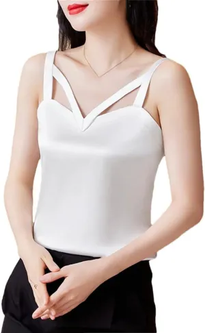 Women Spring Summer Camisole Hollow Out Tank Tops Sexy Sleeveless Casual Silk Satin Camis Shirt