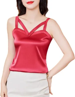 Women Spring Summer Camisole Hollow Out Tank Tops Sexy Sleeveless Casual Silk Satin Camis Shirt