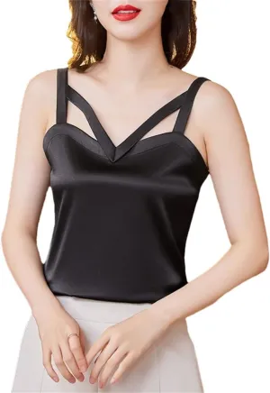 Women Spring Summer Camisole Hollow Out Tank Tops Sexy Sleeveless Casual Silk Satin Camis Shirt