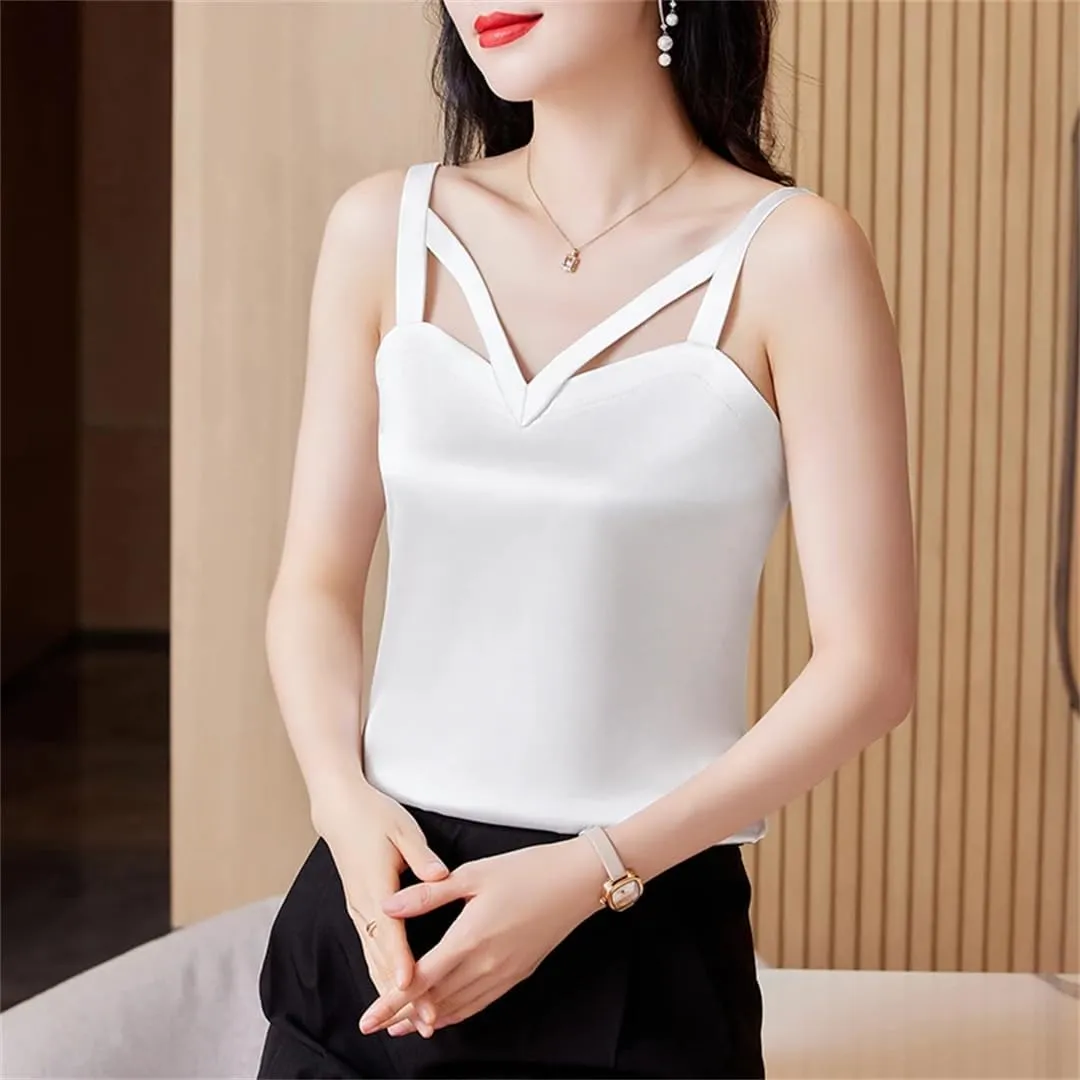 Women Spring Summer Camisole Hollow Out Tank Tops Sexy Sleeveless Casual Silk Satin Camis Shirt