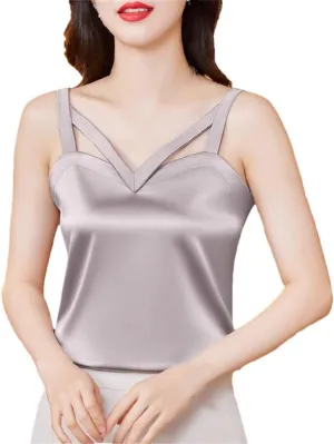 Women Spring Summer Camisole Hollow Out Tank Tops Sexy Sleeveless Casual Silk Satin Camis Shirt