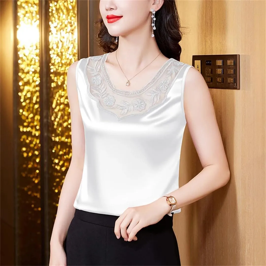Women Spring Summer Lace Vest Round Neck Patchwork Embroidered Satin Shirt Fashion Camisole Tank Top