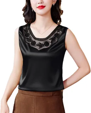 Women Spring Summer Lace Vest Round Neck Patchwork Embroidered Satin Shirt Fashion Camisole Tank Top