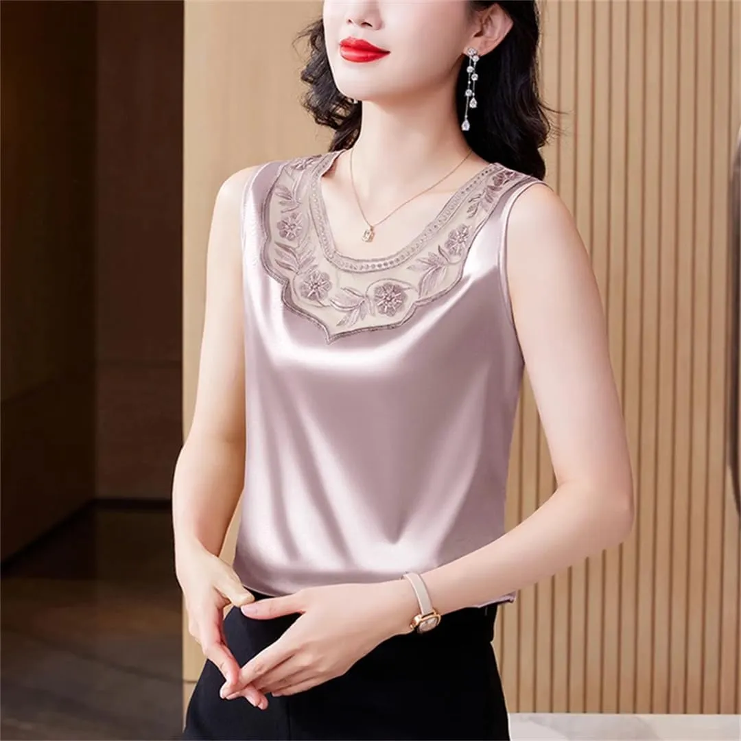 Women Spring Summer Lace Vest Round Neck Patchwork Embroidered Satin Shirt Fashion Camisole Tank Top