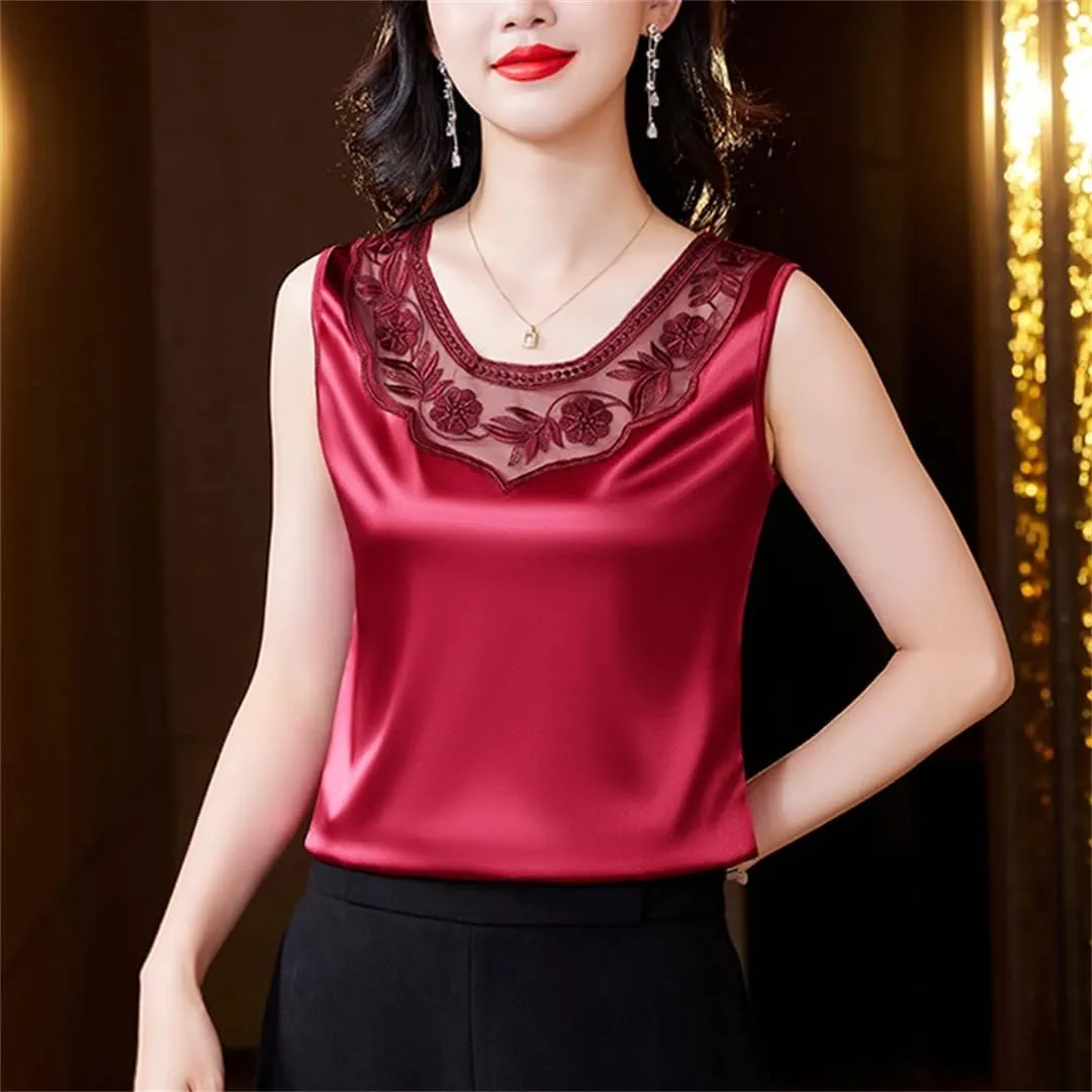 Women Spring Summer Lace Vest Round Neck Patchwork Embroidered Satin Shirt Fashion Camisole Tank Top