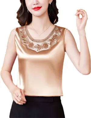 Women Spring Summer Lace Vest Round Neck Patchwork Embroidered Satin Shirt Fashion Camisole Tank Top