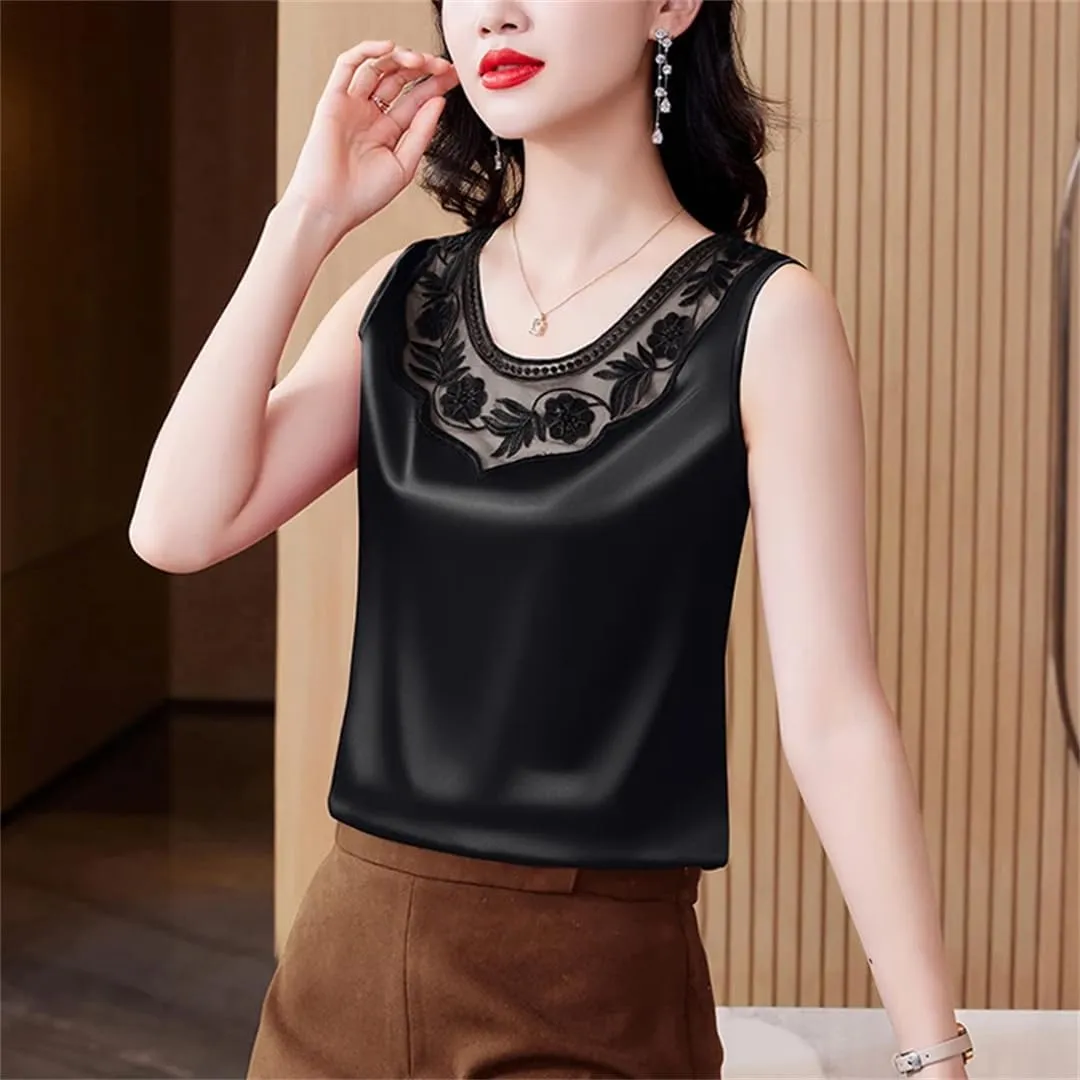 Women Spring Summer Lace Vest Round Neck Patchwork Embroidered Satin Shirt Fashion Camisole Tank Top