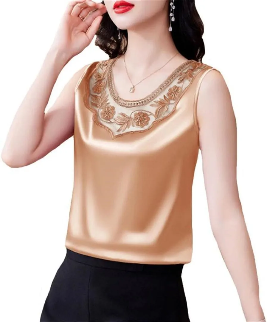 Women Spring Summer Lace Vest Round Neck Patchwork Embroidered Satin Shirt Fashion Camisole Tank Top