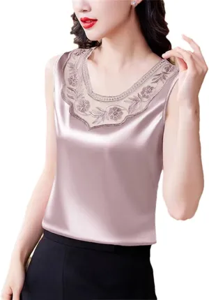 Women Spring Summer Lace Vest Round Neck Patchwork Embroidered Satin Shirt Fashion Camisole Tank Top