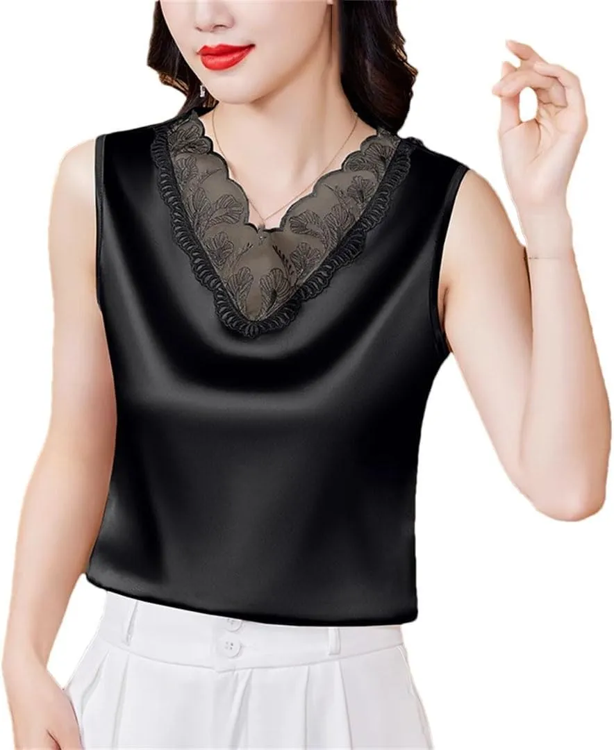 Women Spring Summer Satin Camisole Shirt Sleeveless Tank Top V-Neck Sexy Patchwork Lace Vest Tops