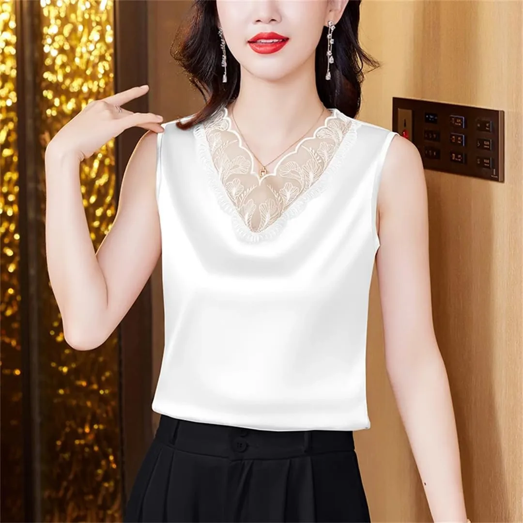 Women Spring Summer Satin Camisole Shirt Sleeveless Tank Top V-Neck Sexy Patchwork Lace Vest Tops
