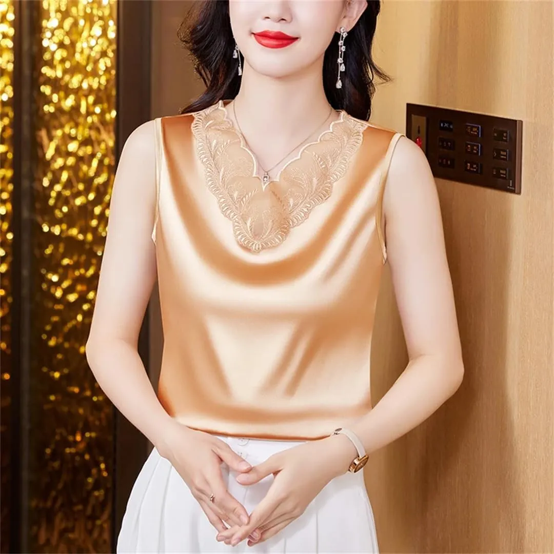 Women Spring Summer Satin Camisole Shirt Sleeveless Tank Top V-Neck Sexy Patchwork Lace Vest Tops
