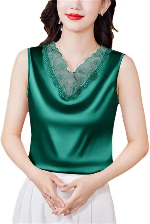 Women Spring Summer Satin Camisole Shirt Sleeveless Tank Top V-Neck Sexy Patchwork Lace Vest Tops