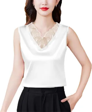Women Spring Summer Satin Camisole Shirt Sleeveless Tank Top V-Neck Sexy Patchwork Lace Vest Tops