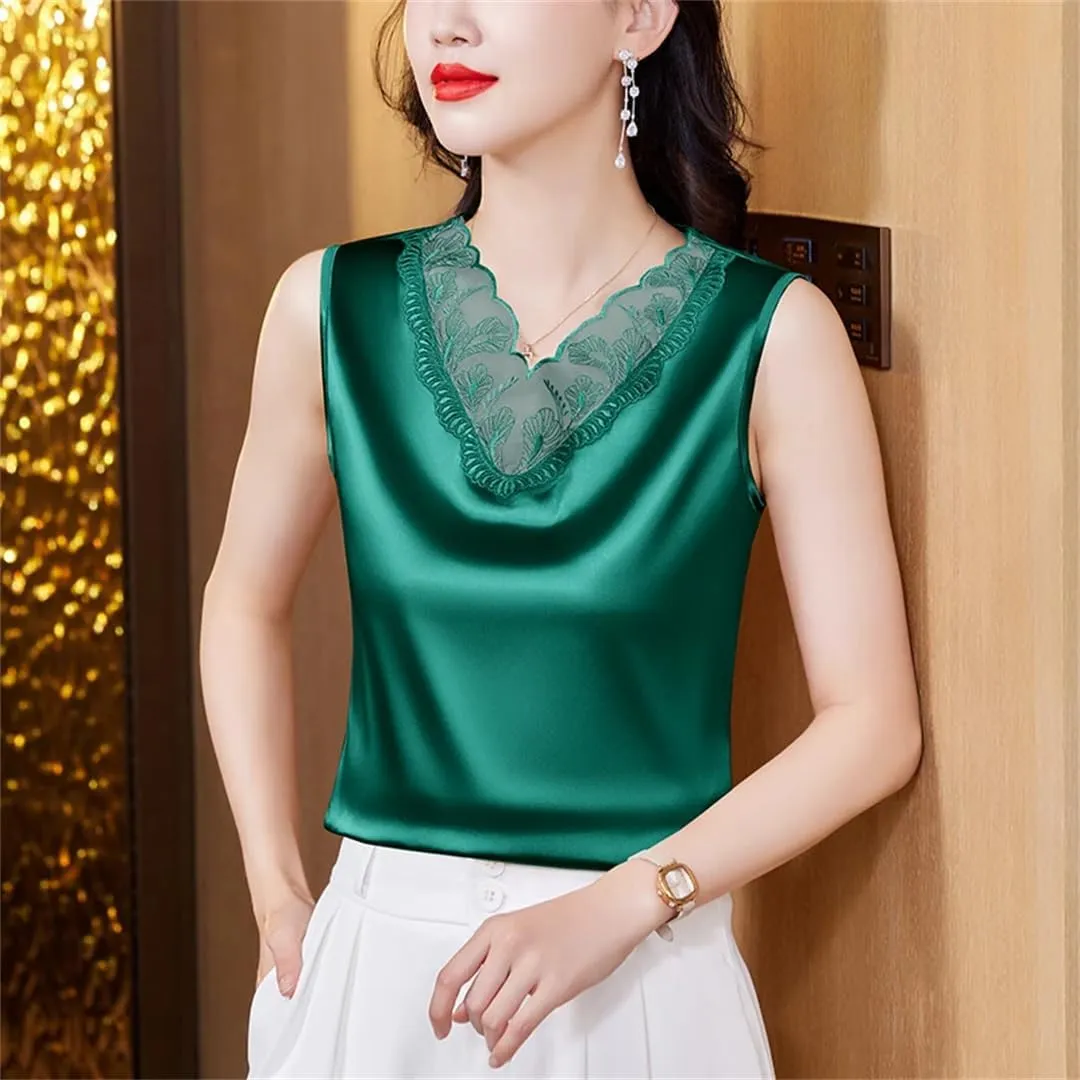 Women Spring Summer Satin Camisole Shirt Sleeveless Tank Top V-Neck Sexy Patchwork Lace Vest Tops