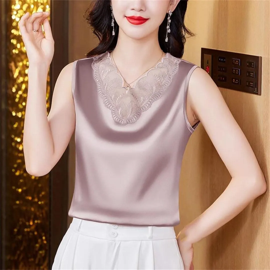 Women Spring Summer Satin Camisole Shirt Sleeveless Tank Top V-Neck Sexy Patchwork Lace Vest Tops