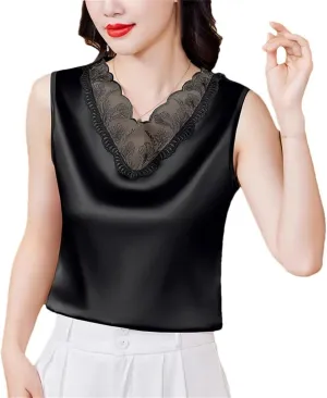 Women Spring Summer Satin Camisole Shirt Sleeveless Tank Top V-Neck Sexy Patchwork Lace Vest Tops