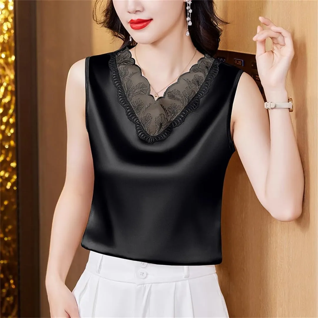 Women Spring Summer Satin Camisole Shirt Sleeveless Tank Top V-Neck Sexy Patchwork Lace Vest Tops