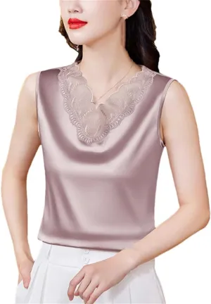 Women Spring Summer Satin Camisole Shirt Sleeveless Tank Top V-Neck Sexy Patchwork Lace Vest Tops