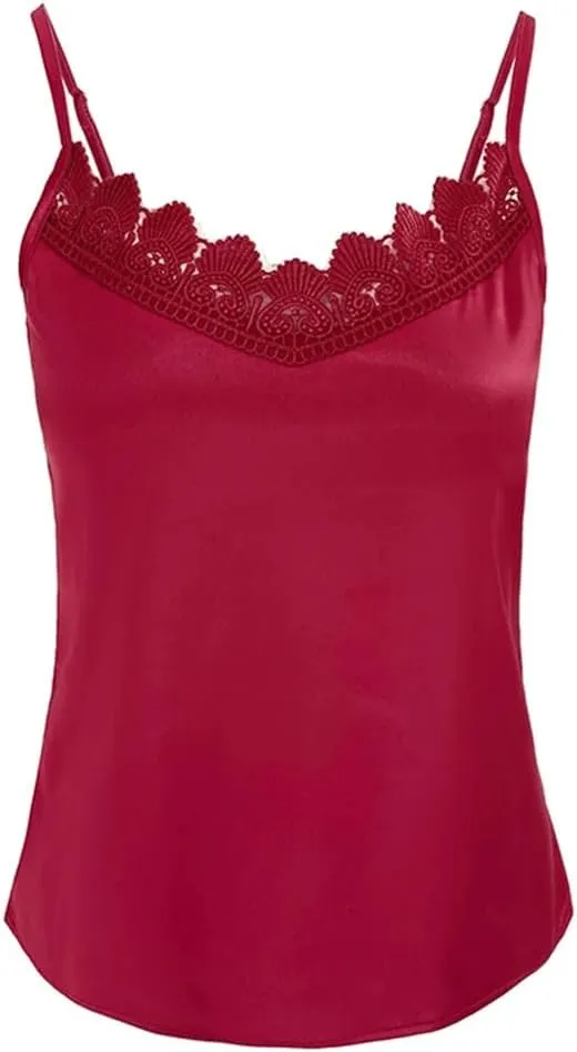 Women Spring Summer Silk Satin Vest Shirt Sexy Patchwork Lace Camisole V-Neck Casual Sleeveless Tank Tops