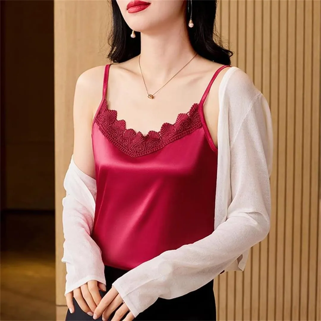Women Spring Summer Silk Satin Vest Shirt Sexy Patchwork Lace Camisole V-Neck Casual Sleeveless Tank Tops