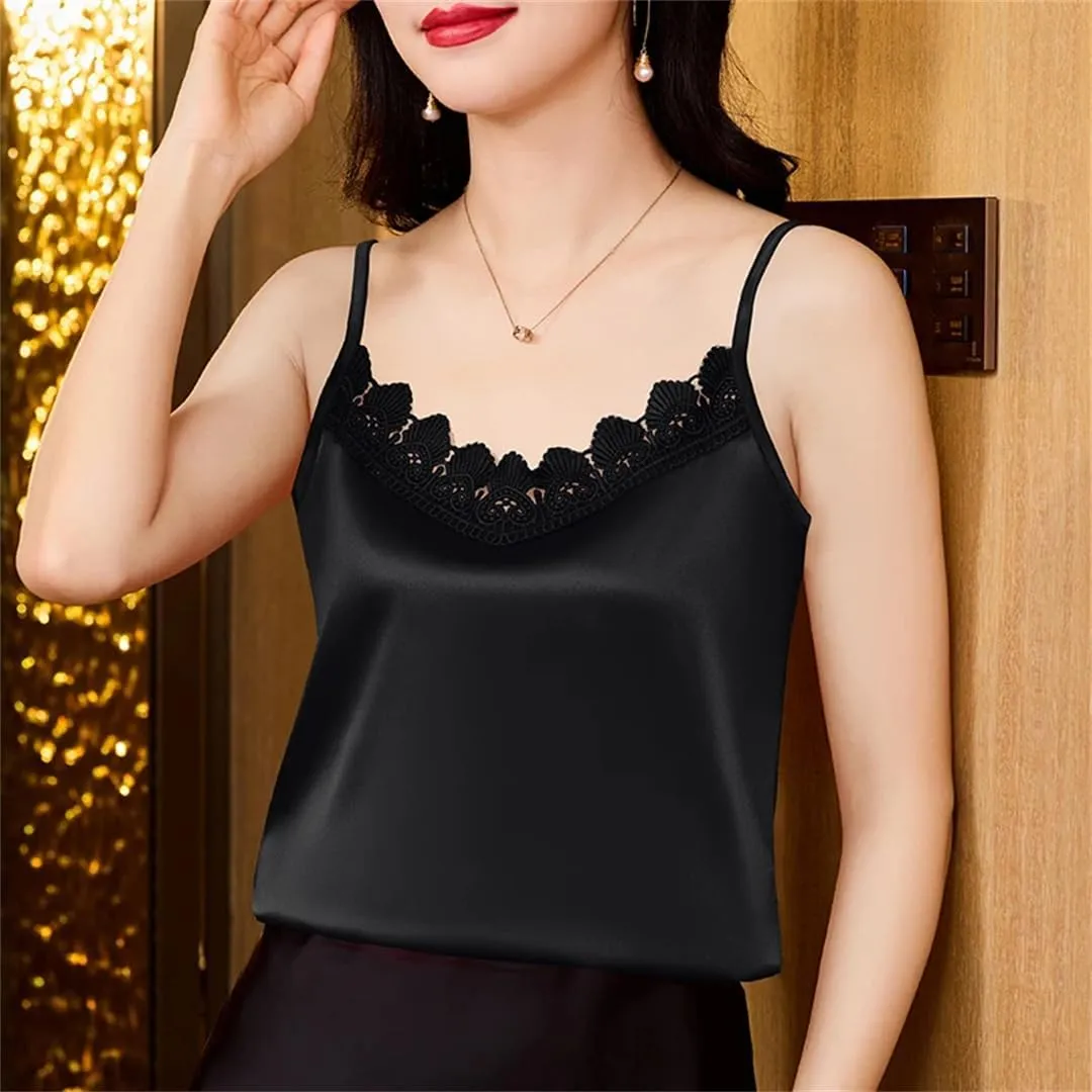 Women Spring Summer Silk Satin Vest Shirt Sexy Patchwork Lace Camisole V-Neck Casual Sleeveless Tank Tops