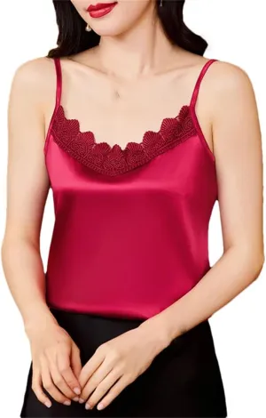 Women Spring Summer Silk Satin Vest Shirt Sexy Patchwork Lace Camisole V-Neck Casual Sleeveless Tank Tops