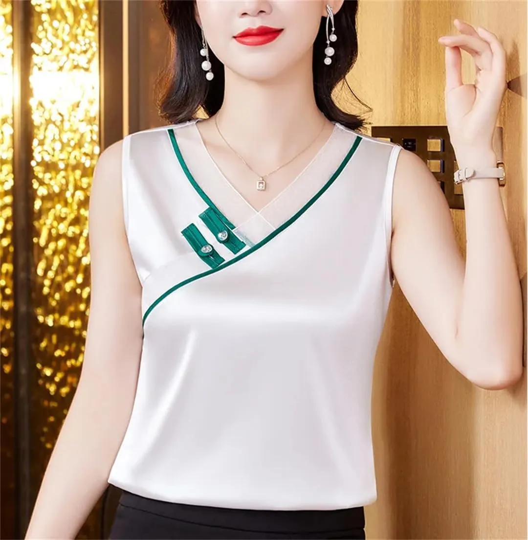 Women Spring Summer Silk Stain Tank Tops Retro V Neck Patchwork Vest Shirt Chinese Style Sleeveless Camisole